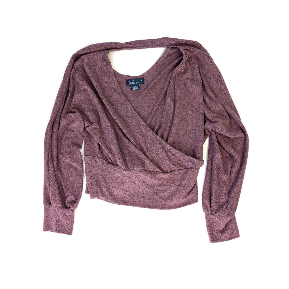 Lark + Grey Plum Marled Wrap Front Open Back Balloon Sleeve Top JT4497-M Small